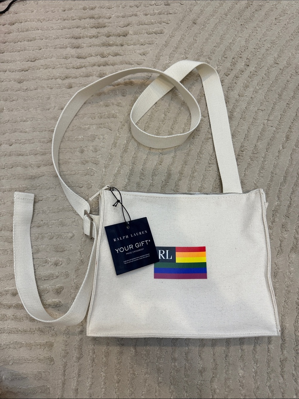 Ralph Lauren Cream Canvas Crossbody with Rainbow Stripe